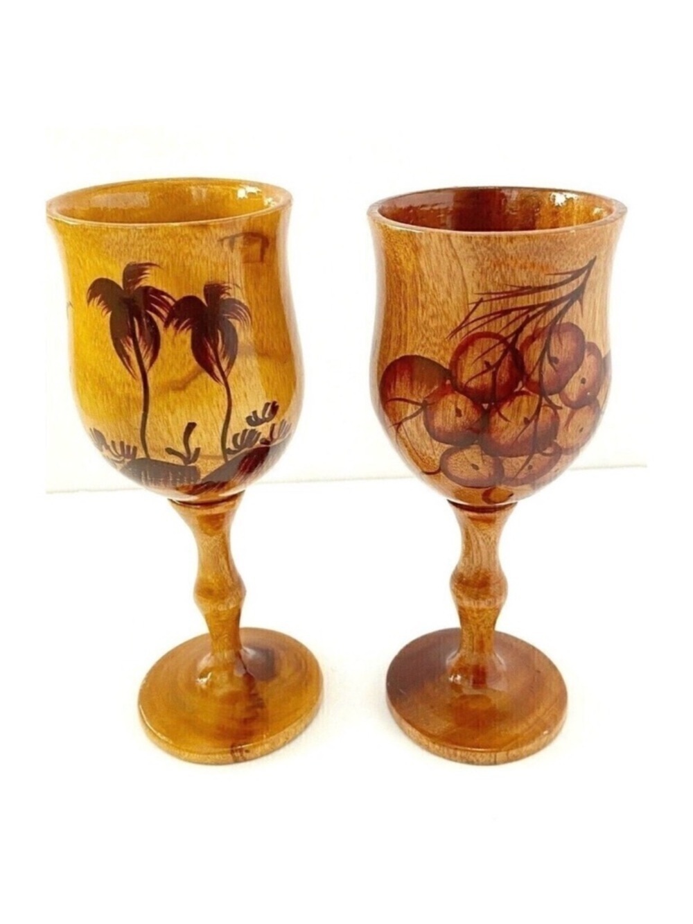 Tropical Teak? Brown Goblet Wine Glasses Goblet Chalice Grapes Hand Painted?